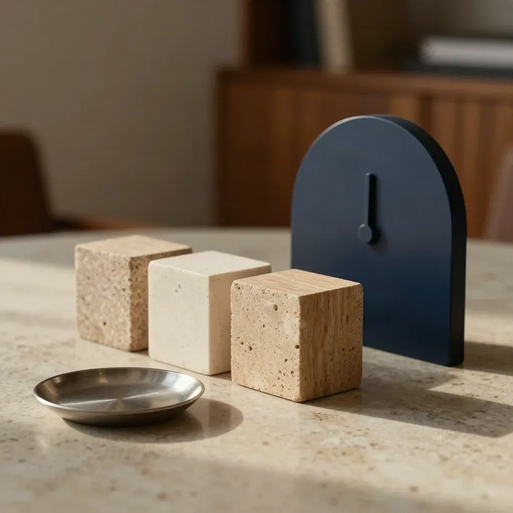 Macro of risk review objects on a travertine table in warm afternoon light