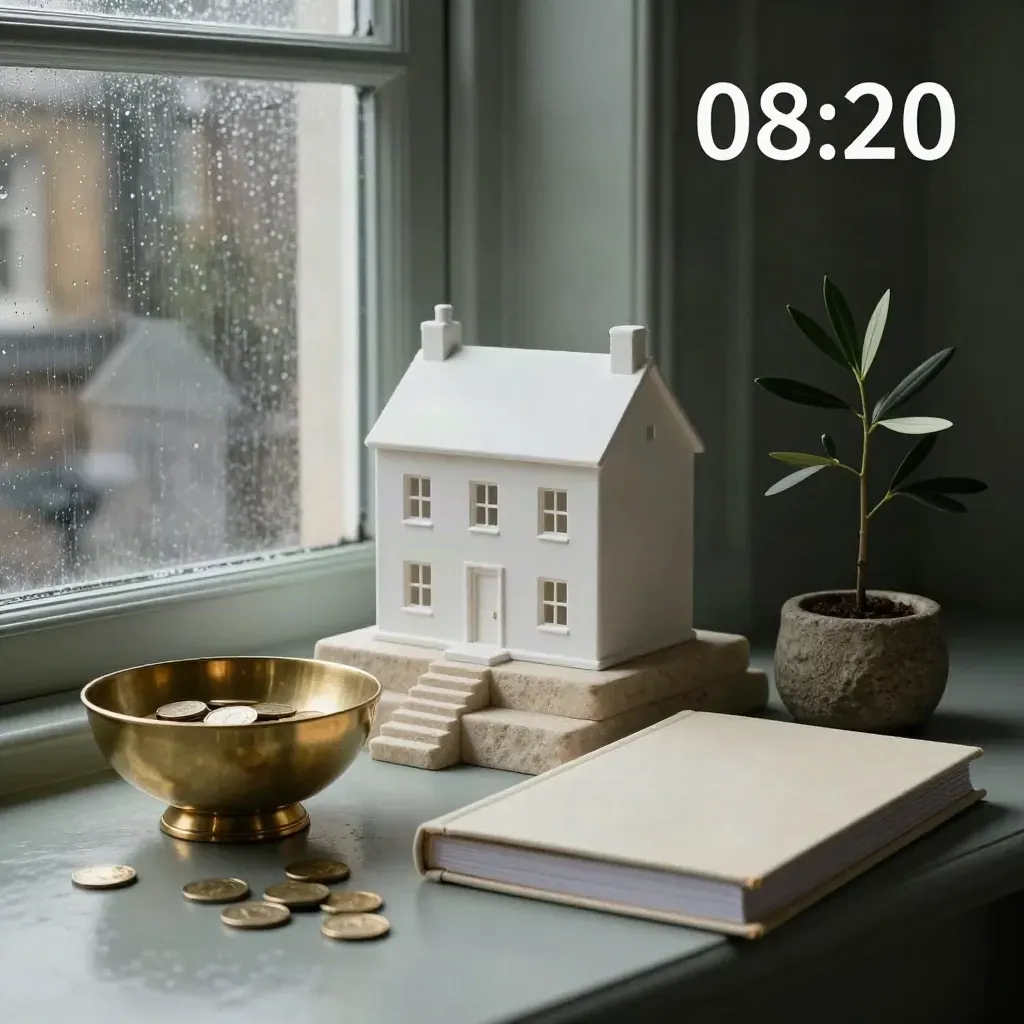 Premium investment still life with house model, brass bowl, binder, and sapling by a rain-lit London window.