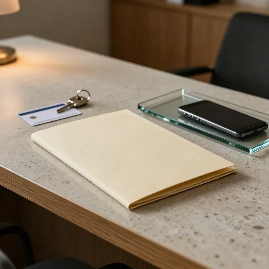 Closed welcome pack, debit card, house key and phone on an onboarding desk in soft office light