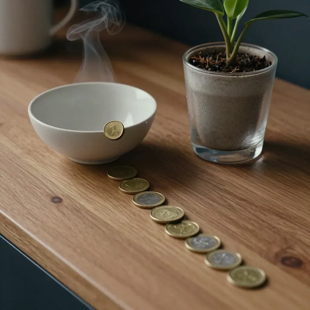 Top-down still life of coins settling in a ceramic bowl beside a tumbler, plant and rising steam.