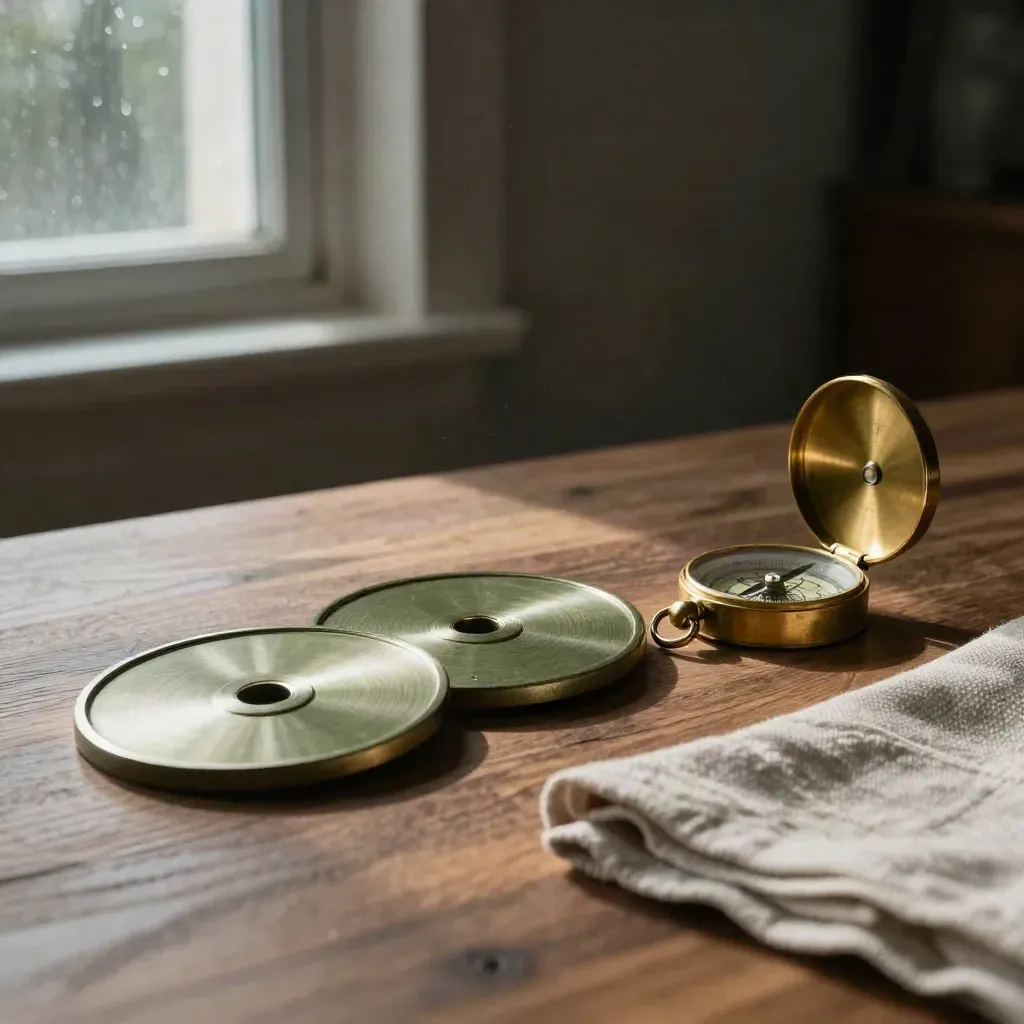 Brass compass, weight discs and folded cloth on a walnut tabletop in cool morning light.