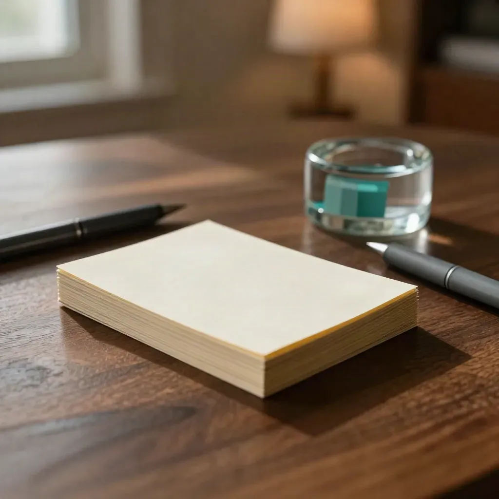 Blank review note cards, pen, tabs and paperweight on walnut wood in warm daylight