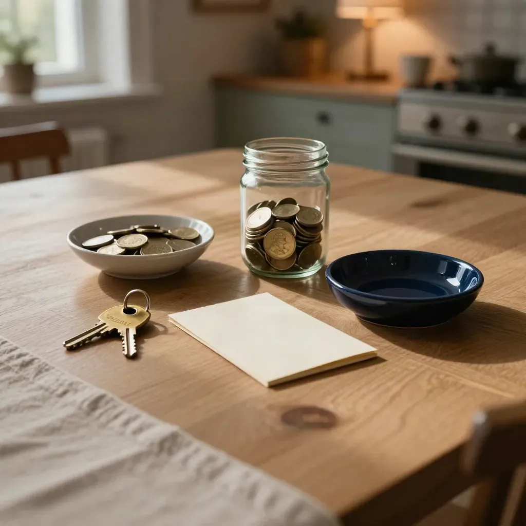 House key, coin bowl and fee jar on a warm oak table in late-evening light.