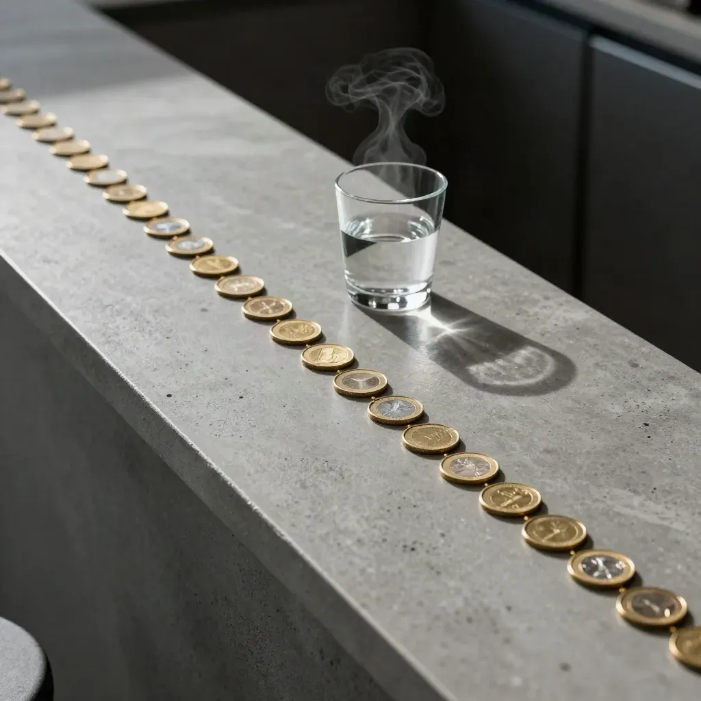 Top-down row of coins and brass markers beside a glass cup on stone, with steam drifting
