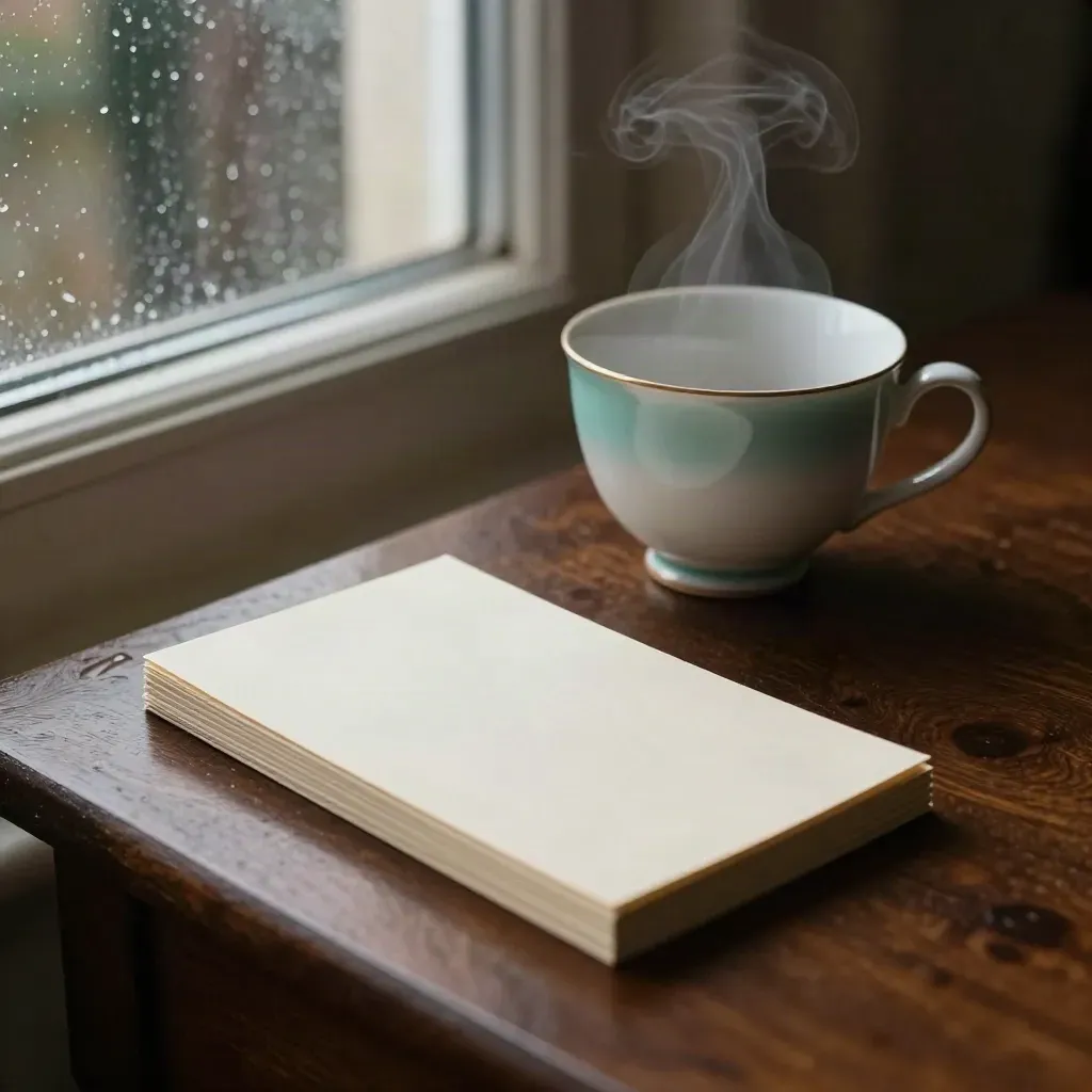 Tea cup beside face-down saver notes by a rain-specked window on a dark table.