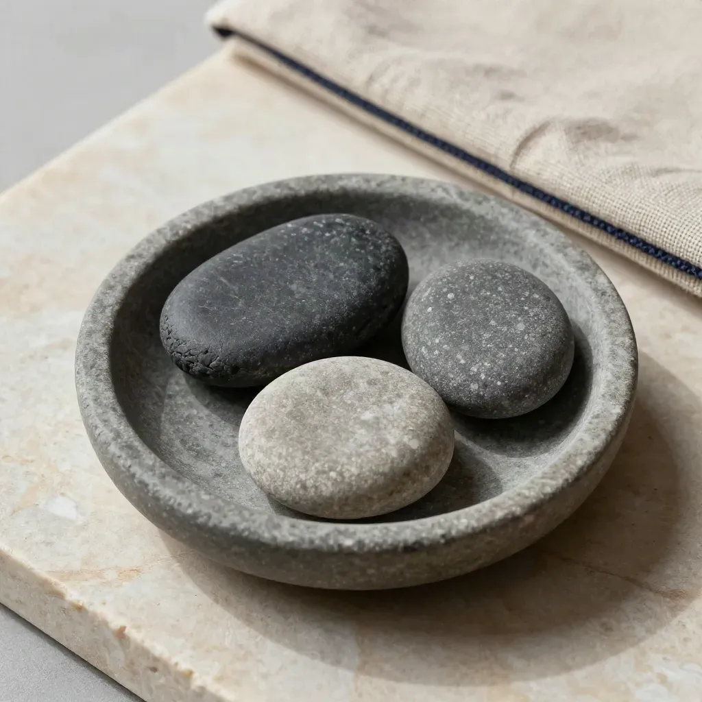 Top-down pebbles in a stone dish beside linen, graded by size on a pale slab.